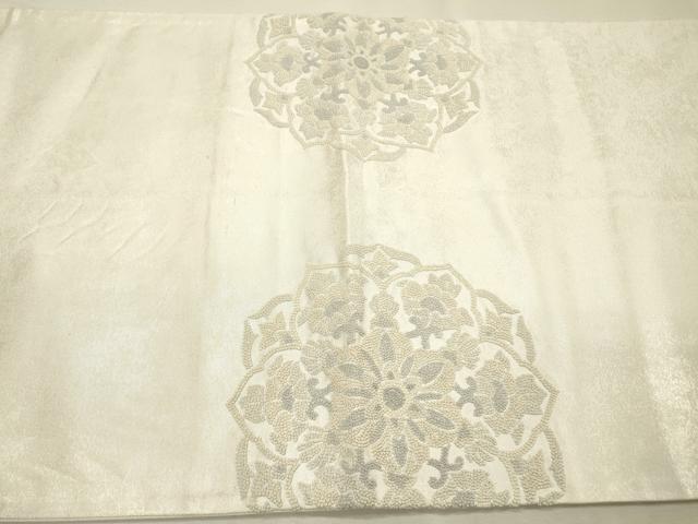 平和屋着物▼中国三大刺繍　相良刺繍　総刺繍　太鼓柄袋帯　扇面正倉院花文　銀彩　正絹　逸品　DABH7998fe