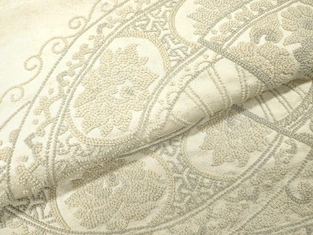 平和屋着物▼中国三大刺繍　相良刺繍　総刺繍　太鼓柄袋帯　扇面正倉院花文　銀彩　正絹　逸品　DABH7998fe