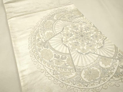 平和屋着物▼中国三大刺繍　相良刺繍　総刺繍　太鼓柄袋帯　扇面正倉院花文　銀彩　正絹　逸品　DABH7998fe