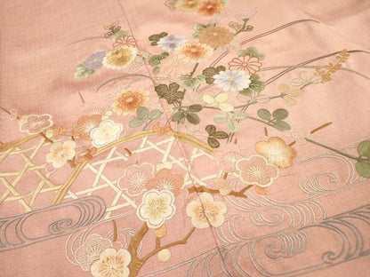 平和屋着物▼中国三大刺繍　相良刺繍　総刺繍　訪問着　籬流水花文　正絹　逸品　DABI7090fe