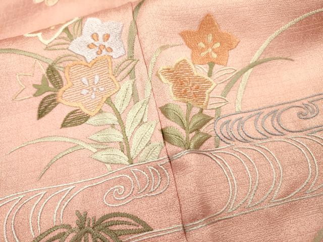 平和屋着物▼中国三大刺繍　相良刺繍　総刺繍　訪問着　籬流水花文　正絹　逸品　DABI7090fe