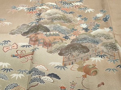 平和屋着物●訪問着　駒刺繍　流水風景草花文　暈し染め　金彩　正絹　逸品　DABI2744ud