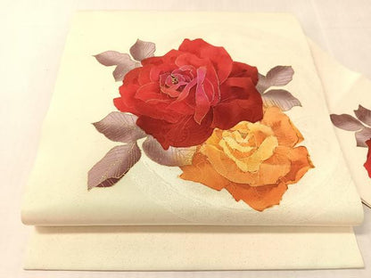 平和屋着物●塩瀬　九寸名古屋帯　ろうけつ染　バラ　金彩　正絹　逸品　CABK4682vp