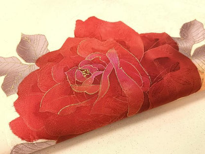 平和屋着物●塩瀬　九寸名古屋帯　ろうけつ染　バラ　金彩　正絹　逸品　CABK4682vp