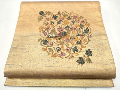 平和屋着物●太鼓柄袋帯　総刺繍　孔雀花唐草文　金彩　正絹　逸品　CABK5950hy