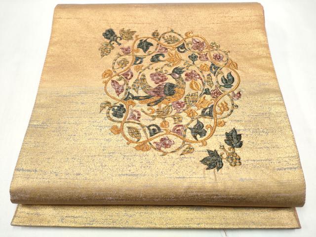 平和屋着物●太鼓柄袋帯　総刺繍　孔雀花唐草文　金彩　正絹　逸品　CABK5950hy