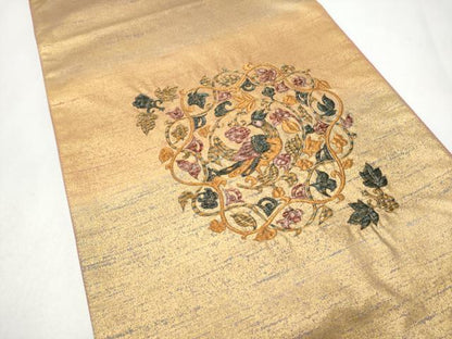 平和屋着物●太鼓柄袋帯　総刺繍　孔雀花唐草文　金彩　正絹　逸品　CABK5950hy