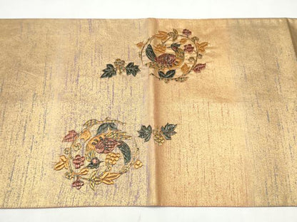 平和屋着物●太鼓柄袋帯　総刺繍　孔雀花唐草文　金彩　正絹　逸品　CABK5950hy