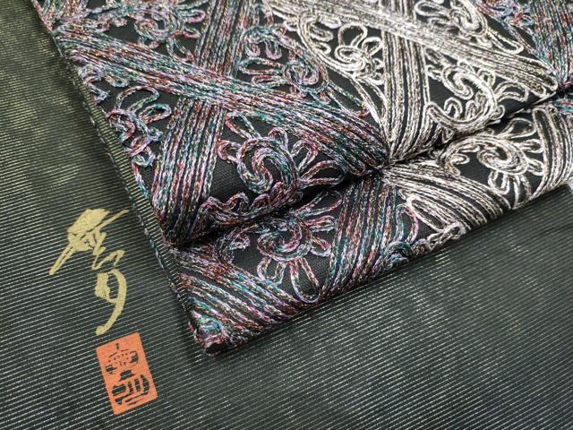 平和屋着物●染織デザイナー　堀口無月 　MUGETSU　チュール織　全通柄袋帯　唐草文　黒地　金糸　正絹　逸品　CABK5990hy