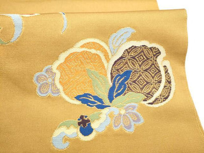 平和屋着物●龍村美術織物　たつむら　六通柄　本袋帯　仙桃蘭花錦　金糸　正絹　逸品　CABK5991hy