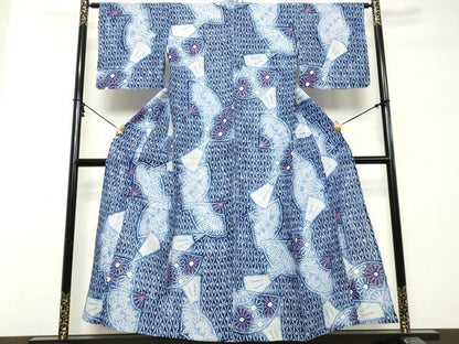 平和屋着物∴夏物　浴衣　有松鳴海絞り　立涌扇面花文　綿　逸品　未使用　DABI8683cd