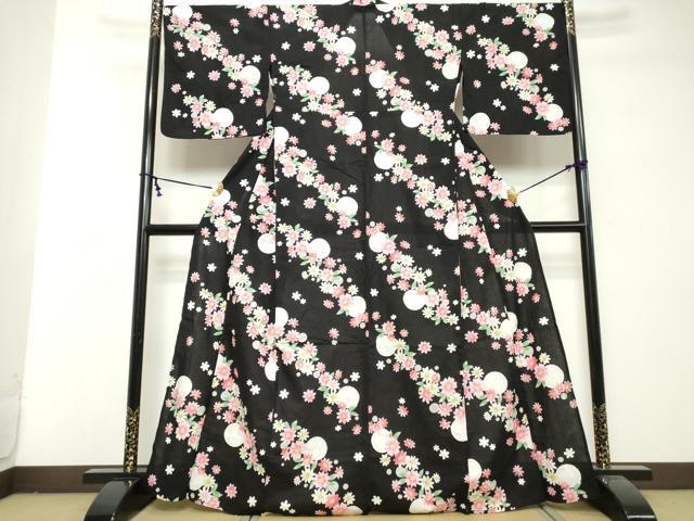 平和屋着物∴夏物　浴衣　綿　草花文　金魚　黒地　逸品　DABI8685cd