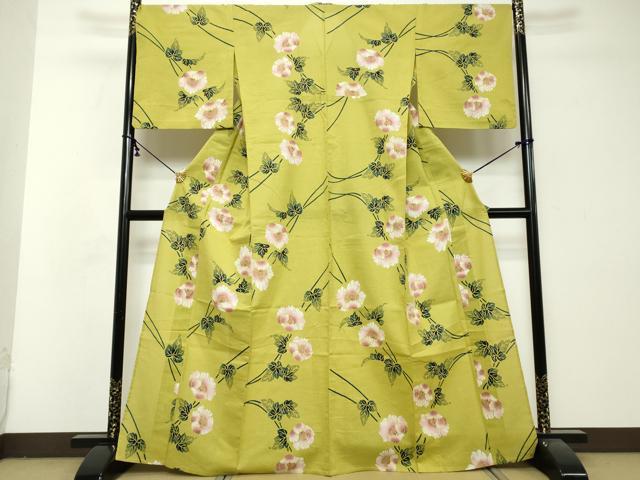 平和屋着物∴夏物　浴衣　注染　手縫い　枝花文　やまと誂製　綿　逸品　DABI8682cd
