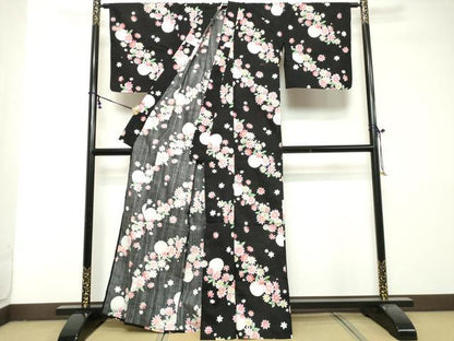 平和屋着物∴夏物　浴衣　綿　草花文　金魚　黒地　逸品　DABI8685cd