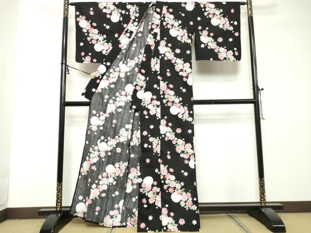 平和屋着物∴夏物　浴衣　綿　草花文　金魚　黒地　逸品　DABI8685cd