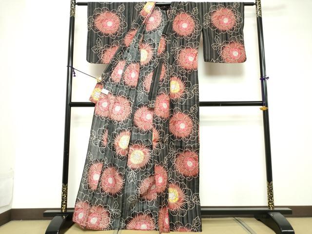 平和屋着物∴夏物　浴衣　注染　舞花文　黒地　綿　逸品　DABI8681cd