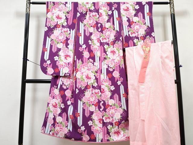 平和屋着物[]七五三　女の子　７歳　祝着　四つ身　襦袢(単衣・半衿刺繍)セット　矢羽牡丹花文　洗える着物　DABG3234ma