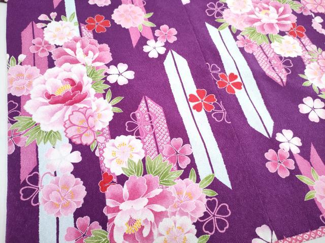 平和屋着物[]七五三　女の子　７歳　祝着　四つ身　襦袢(単衣・半衿刺繍)セット　矢羽牡丹花文　洗える着物　DABG3234ma