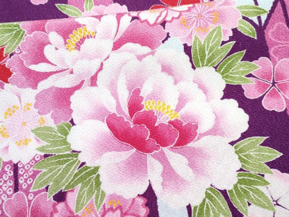 平和屋着物[]七五三　女の子　７歳　祝着　四つ身　襦袢(単衣・半衿刺繍)セット　矢羽牡丹花文　洗える着物　DABG3234ma
