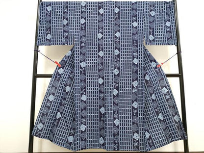 平和屋着物∴夏物　男性　浴衣　注染　手縫い　菱間道　隈取　キングサイズ　綿　逸品　DABI8742cd
