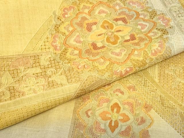 平和屋着物●中国三大刺繍　スワトウ刺繍　汕頭刺繍　総刺繍　太鼓柄袋帯　紬地　正倉院花文　正絹　逸品　DABH6976az