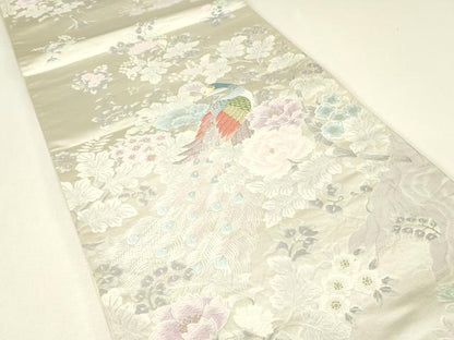 平和屋着物▼六通柄袋帯　唐織　静寂　休み鳥牡丹文　金銀糸　正絹　逸品　DABH6968az