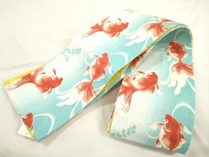 平和屋着物●両面　半幅帯　金魚　麻の葉　綿　逸品　未使用　CABK8588dy