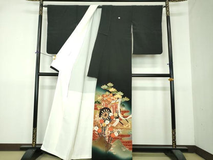 平和屋着物●京友禅の第一人者　松井青々　黒留袖　駒刺繍　御所車流水花文　暈し染め　金彩　正絹　逸品　DABI6227ps