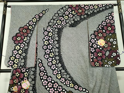 平和屋着物∵女の子　十三参り　子供　振袖　総絞り　刺繍　ラインストーン　花手毬　黒地　金彩　そごう扱い　正絹　逸品　DABI6223ps