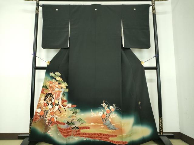 平和屋着物●京友禅の第一人者　松井青々　黒留袖　駒刺繍　御所車流水花文　暈し染め　金彩　正絹　逸品　DABI6227ps