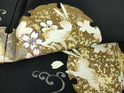 平和屋着物●訪問着　刺繍　雪輪桜　立波に兎　黒地　金銀彩　正絹　逸品　DABI6224ps