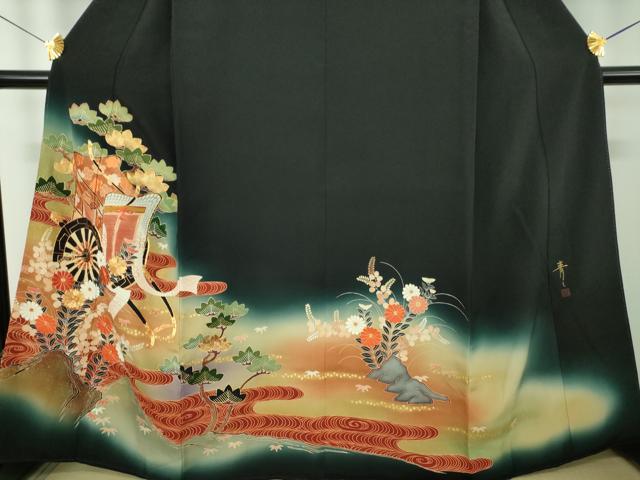 平和屋着物●京友禅の第一人者　松井青々　黒留袖　駒刺繍　御所車流水花文　暈し染め　金彩　正絹　逸品　DABI6227ps