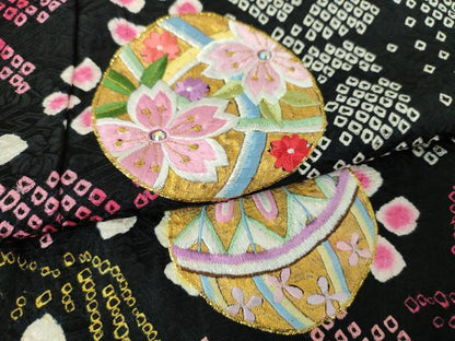 平和屋着物∵女の子　十三参り　子供　振袖　総絞り　刺繍　ラインストーン　花手毬　黒地　金彩　そごう扱い　正絹　逸品　DABI6223ps
