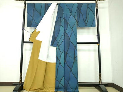 平和屋着物●染色作家　斉藤三才　小紋　抽象文様　反端付き　正絹　逸品　DABI6225ps