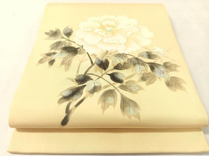 平和屋着物●塩瀬　九寸開き名古屋帯　手描き　枝牡丹　正絹　逸品　CABK4792vp