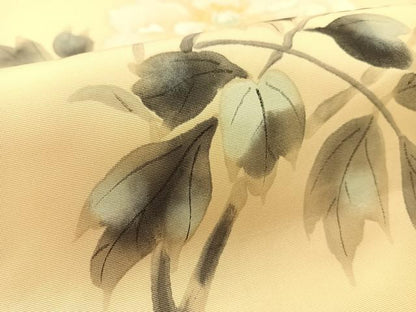 平和屋着物●塩瀬　九寸開き名古屋帯　手描き　枝牡丹　正絹　逸品　CABK4792vp