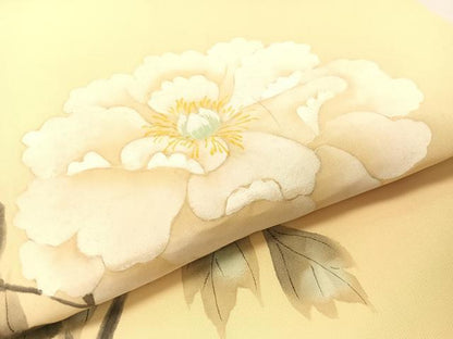 平和屋着物●塩瀬　九寸開き名古屋帯　手描き　枝牡丹　正絹　逸品　CABK4792vp