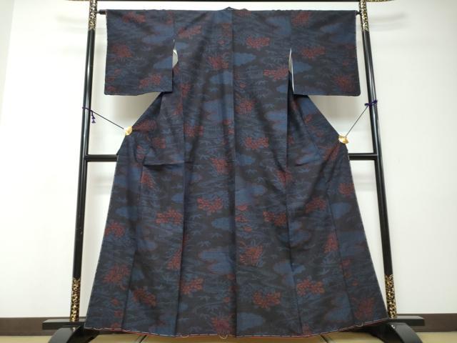 平和屋着物●結城紬　80亀甲　流水草花文　正絹　逸品　未使用　DABI9041ud