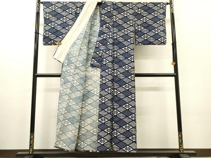 平和屋着物▽上質な小紋　単衣　藍　型染　花菱　お召縮緬　正絹　逸品　DABI7279fe