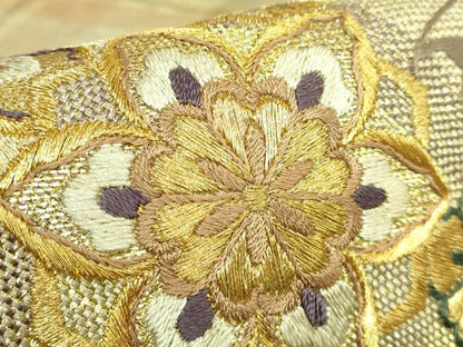 平和屋着物●極上　ひなや工房　くむ・あむ・おる　伊豆蔵明彦　太鼓柄袋帯　刺繍　花唐草　金糸　逸品　DZAB9307kh6