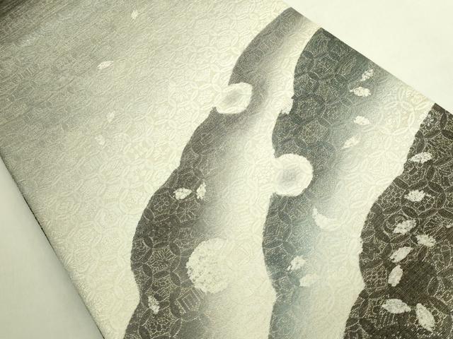 平和屋着物●極上　両方向　両面　全通柄袋帯　雪輪舞桜　横段　瓢箪　銀糸　逸品　DZAB9311kh6