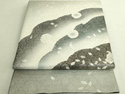 平和屋着物●極上　両方向　両面　全通柄袋帯　雪輪舞桜　横段　瓢箪　銀糸　逸品　DZAB9311kh6