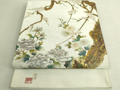 平和屋本店●極上　国際的伝統工芸作家　十二代・藤林徳扇 苑寿 太鼓柄袋帯 綴れ 枝梅文 金銀彩 共箱・たとう紙付 逸品 未使用 DZAB9389kh6