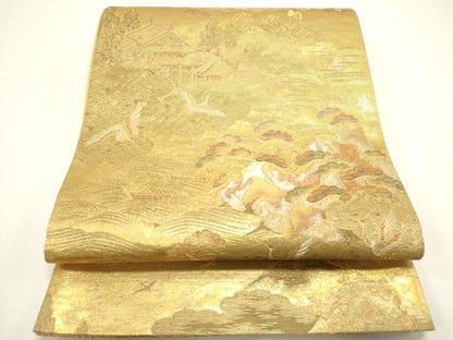 平和屋着物◎六通柄袋帯　飛鶴風景松文　金銀糸　引箔　正絹　逸品　DABH5383ea
