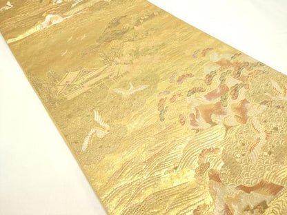 平和屋着物◎六通柄袋帯　飛鶴風景松文　金銀糸　引箔　正絹　逸品　DABH5383ea