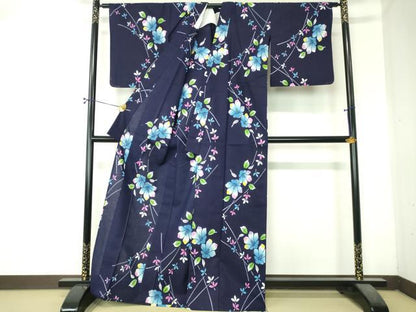 平和屋着物∴夏物　浴衣　注染　手縫い　草花文　綿　逸品　DABI8814cd