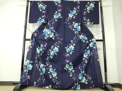 平和屋着物∴夏物　浴衣　注染　手縫い　草花文　綿　逸品　DABI8814cd