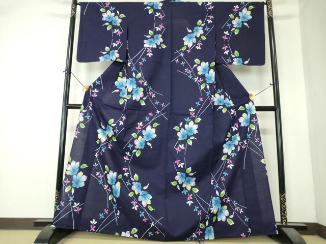 平和屋着物∴夏物　浴衣　注染　手縫い　草花文　綿　逸品　DABI8814cd