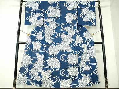 平和屋着物∴夏物　浴衣　注染　手縫い　流水花文　乱菊　綿　逸品　DABI8805cd