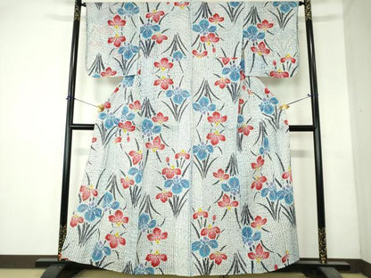 平和屋着物∴夏物　浴衣　注染　草花文　杜若　カキツバタ　綿　逸品　DABI8809cd